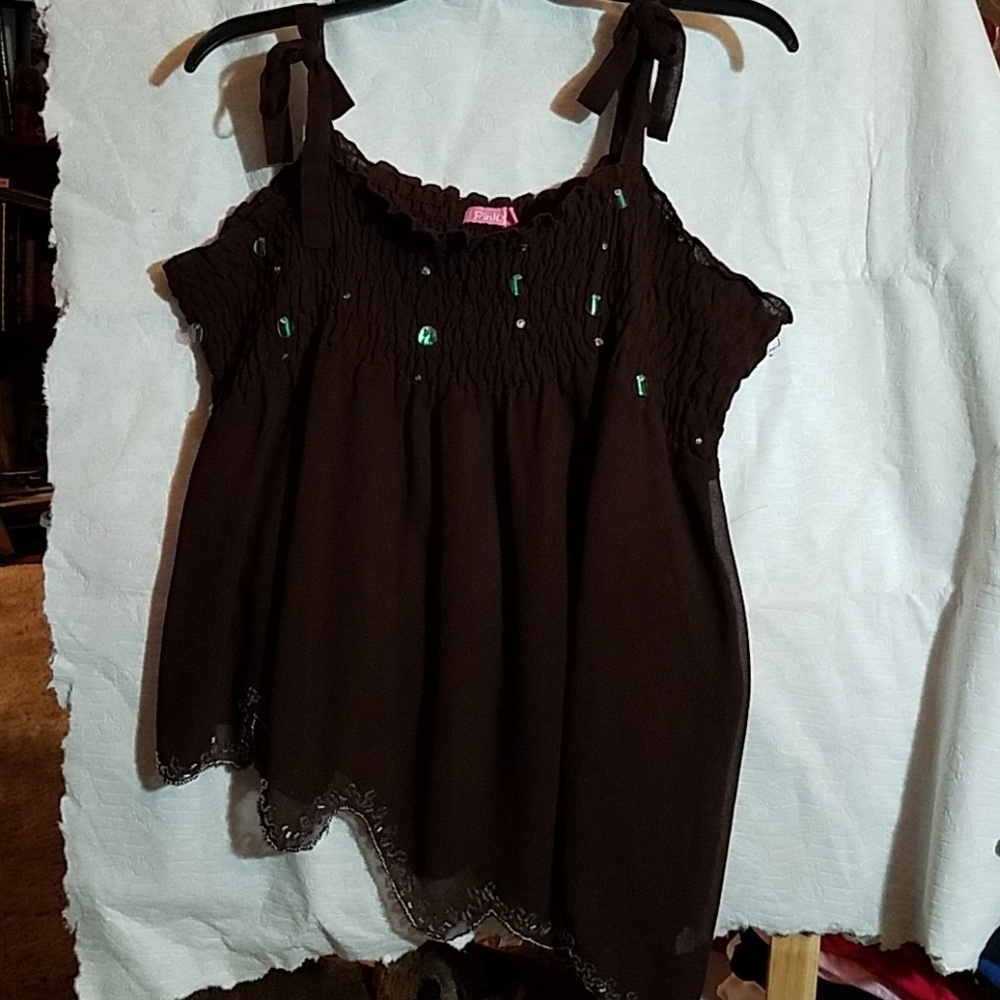 Pinky Large Brown Smocked Sheer Tie Strap Sequins